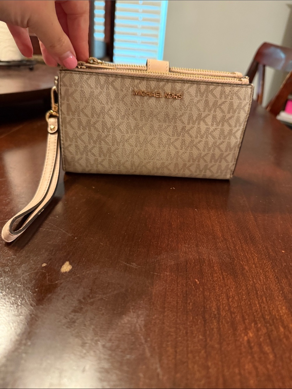 Michael Kors Beige Logo Zip Wristlet with Gold Hardware